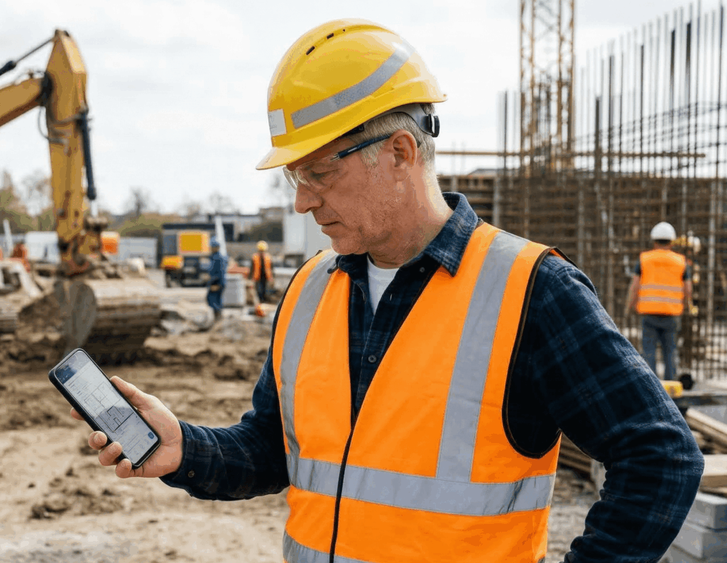 A professional site superintendent on a South Florida construction site wearing a high-visibility vest and hard hat, utilizing a smartphone to verify real-time drone-derived elevations using the Cornerstone "Mud-Ready" mobile deliverable.